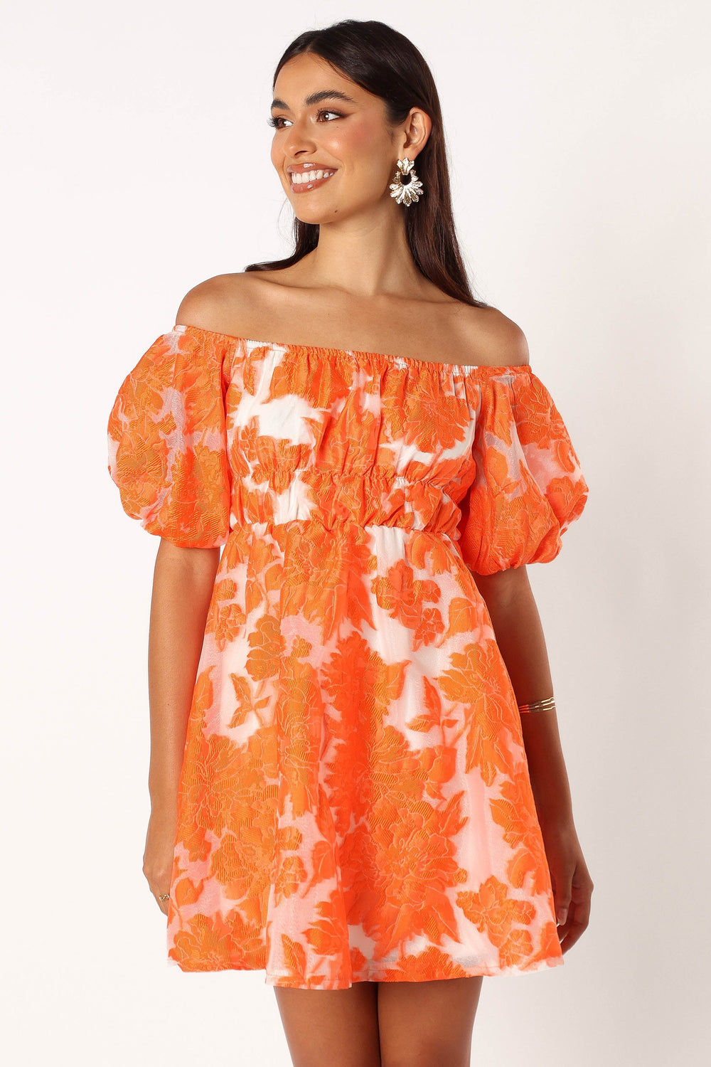 DRESSES @Fava Off Shoulder Mini Dress - Orange Floral