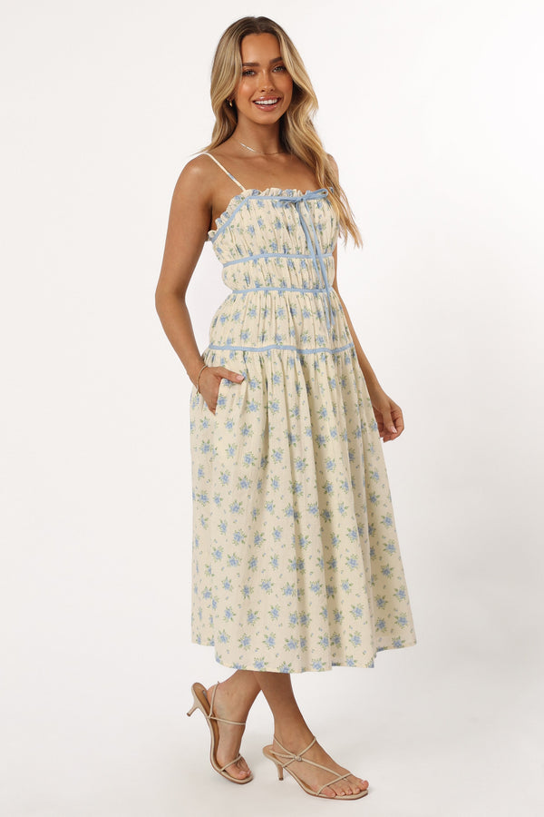 DRESSES @Felicity Midi Dress - Ivory Blue