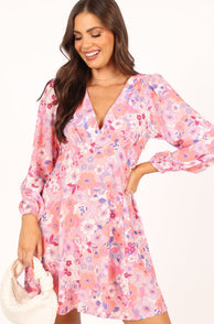 DRESSES @Finnick Long Sleeve Mini Dress - Pink Floral