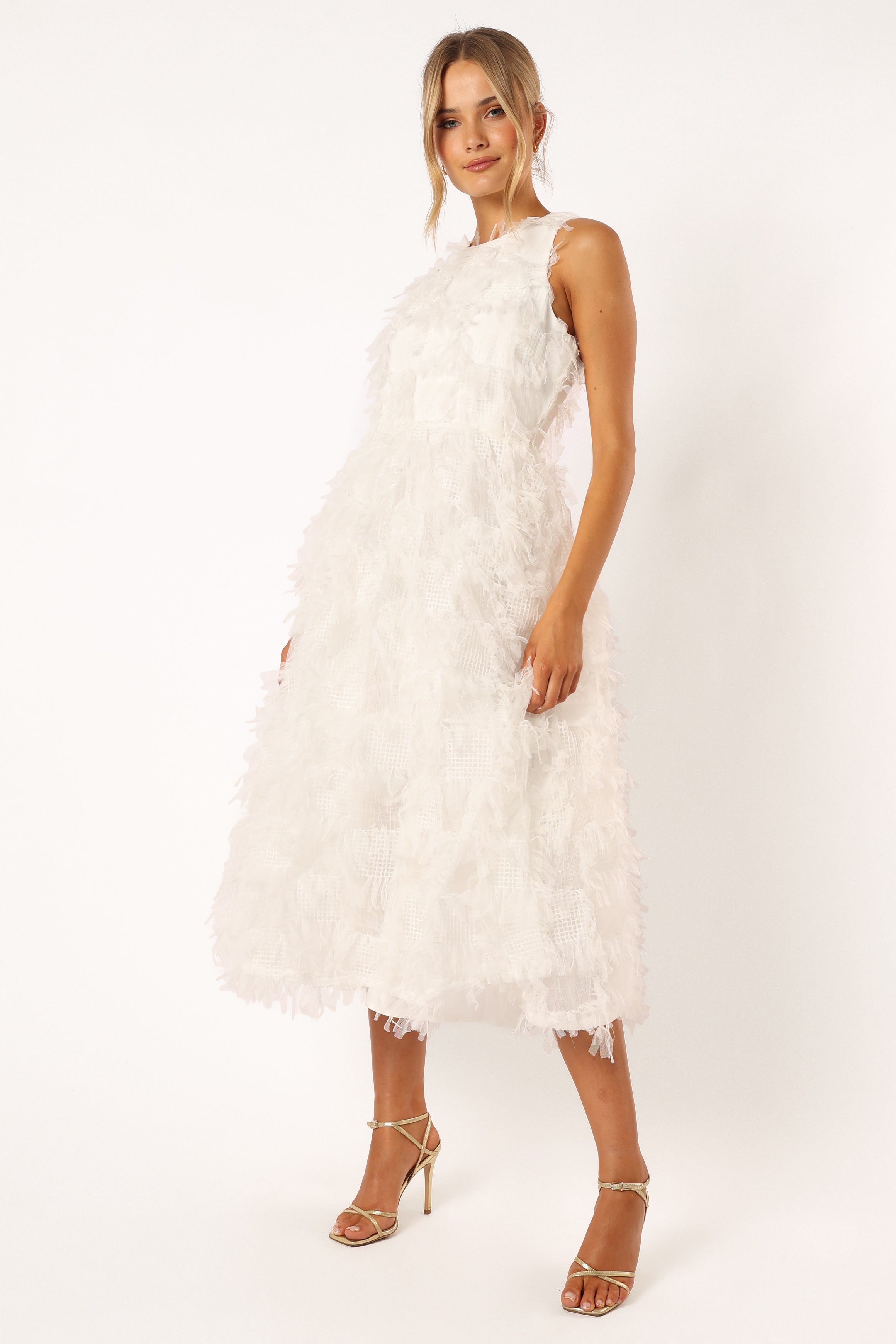 DRESSES @Florence Feathered Midi Dress - White