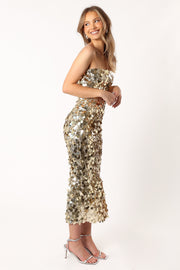 DRESSES @Gabourne Strapless Midi Dress - Gold Sequin