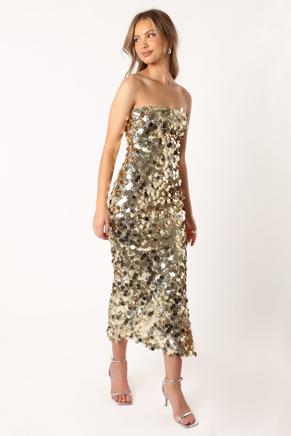 DRESSES @Gabourne Strapless Midi Dress - Gold Sequin
