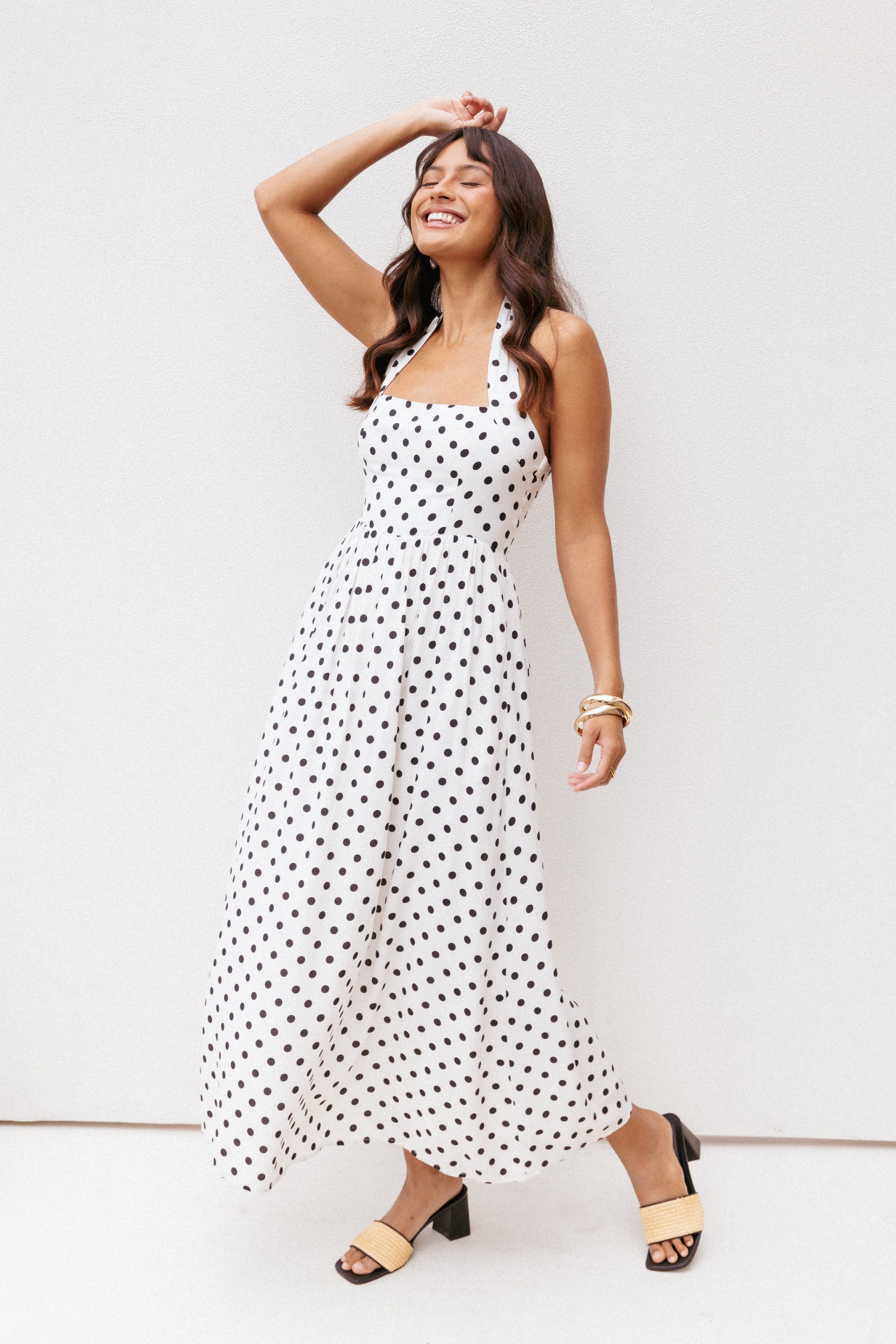 DRESSES Gemini Halterneck Maxi Dress - White Polka Dot