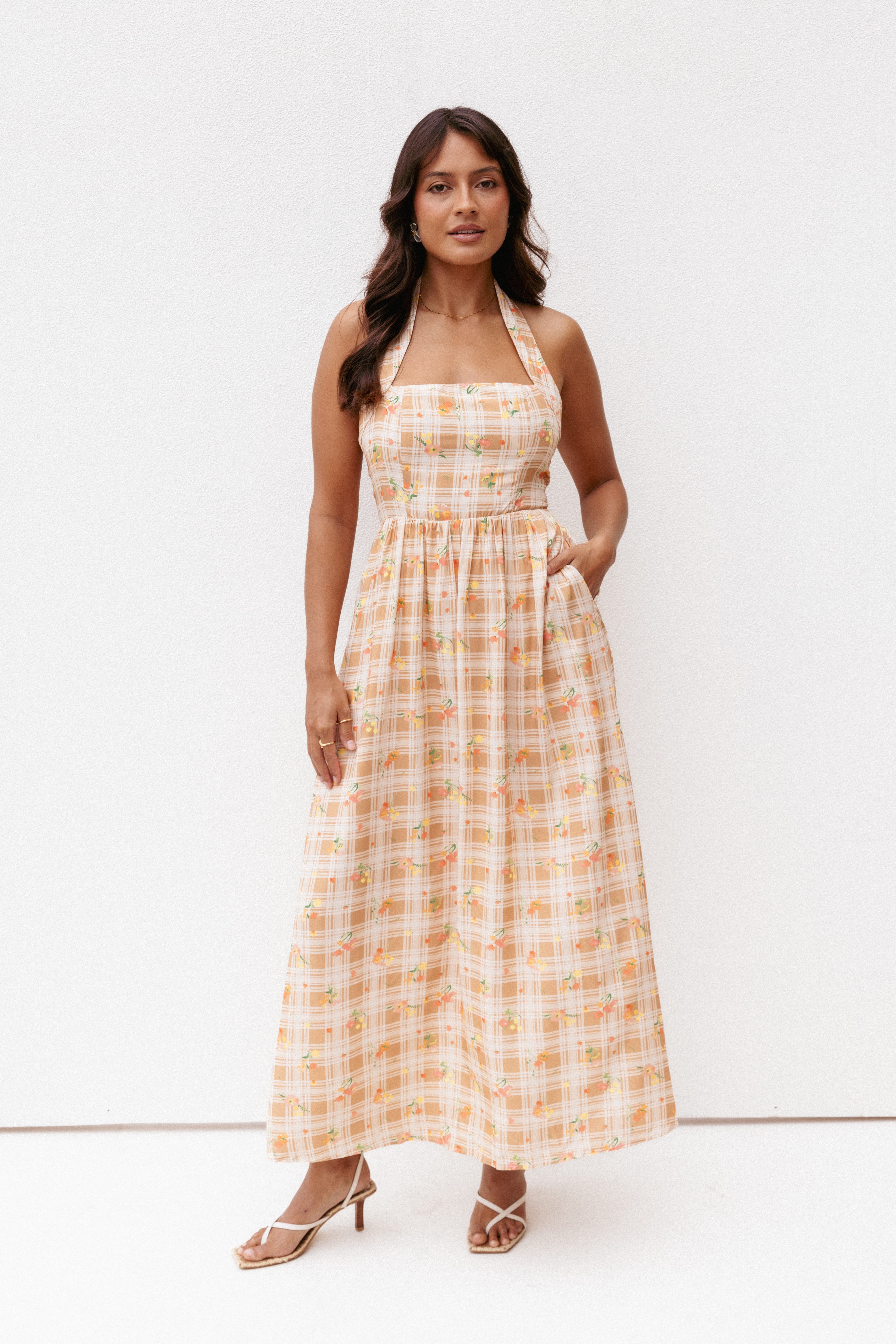 DRESSES Gemini Halterneck Maxi Dress - Yellow Floral Gingham