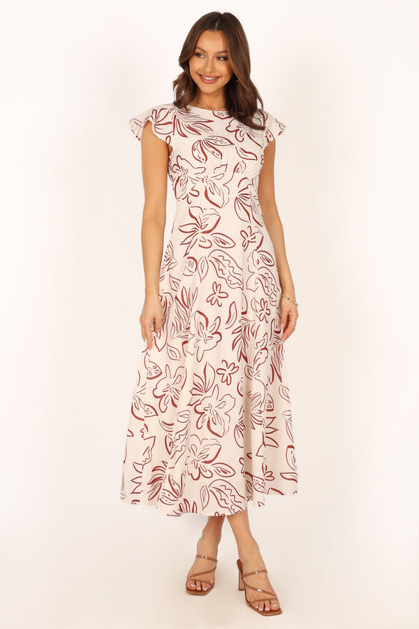 DRESSES @Gene Midi Dress - White Brown Floral