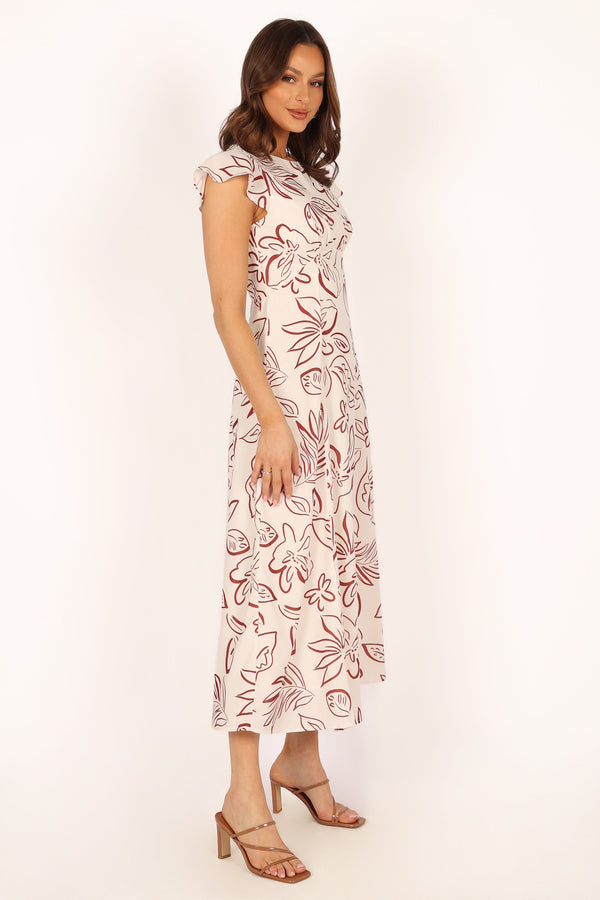 DRESSES @Gene Midi Dress - White Brown Floral