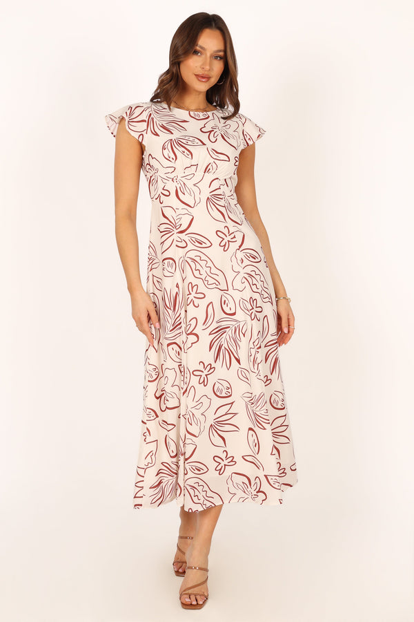 DRESSES @Gene Midi Dress - White Brown Floral