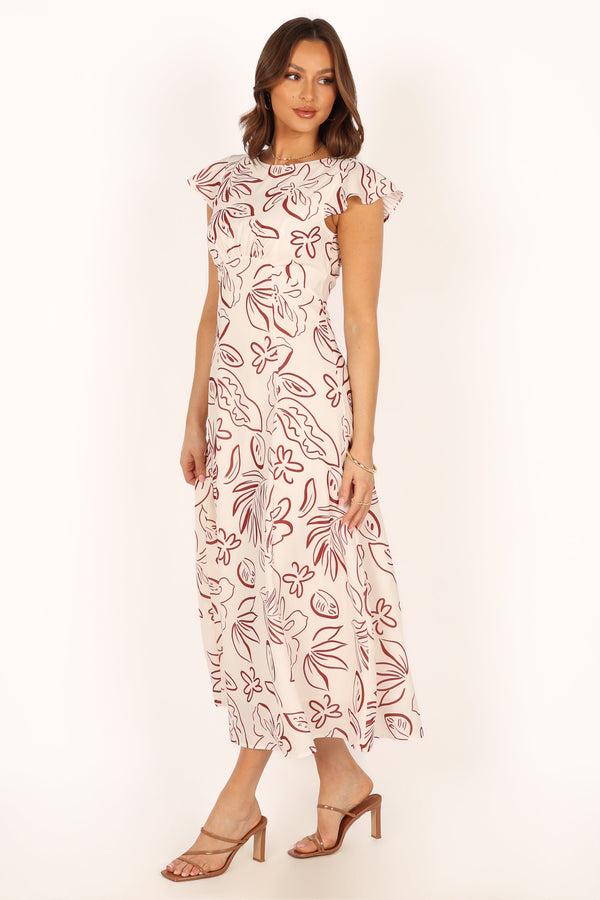 DRESSES @Gene Midi Dress - White Brown Floral