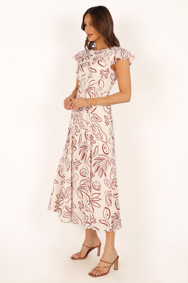 DRESSES @Gene Midi Dress - White Brown Floral