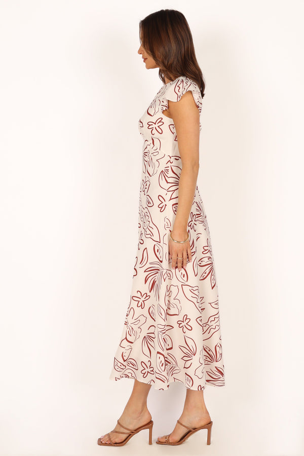 DRESSES @Gene Midi Dress - White Brown Floral