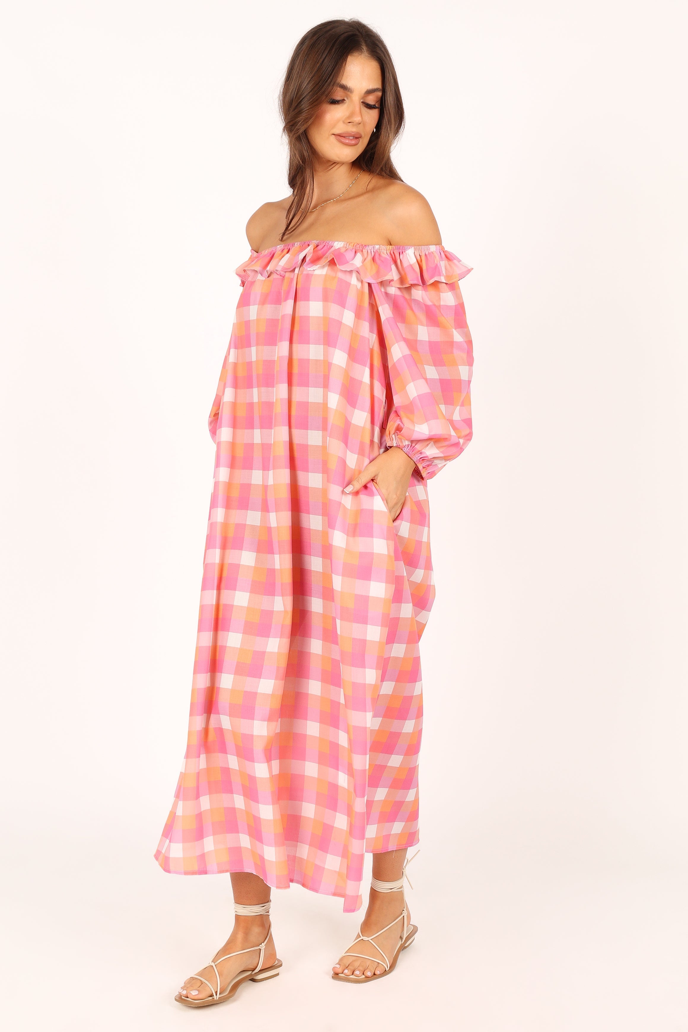DRESSES @Georgia Off Shoulder Midi Dress - Pink Gingham