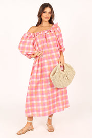 DRESSES @Georgia Off Shoulder Midi Dress - Pink Gingham