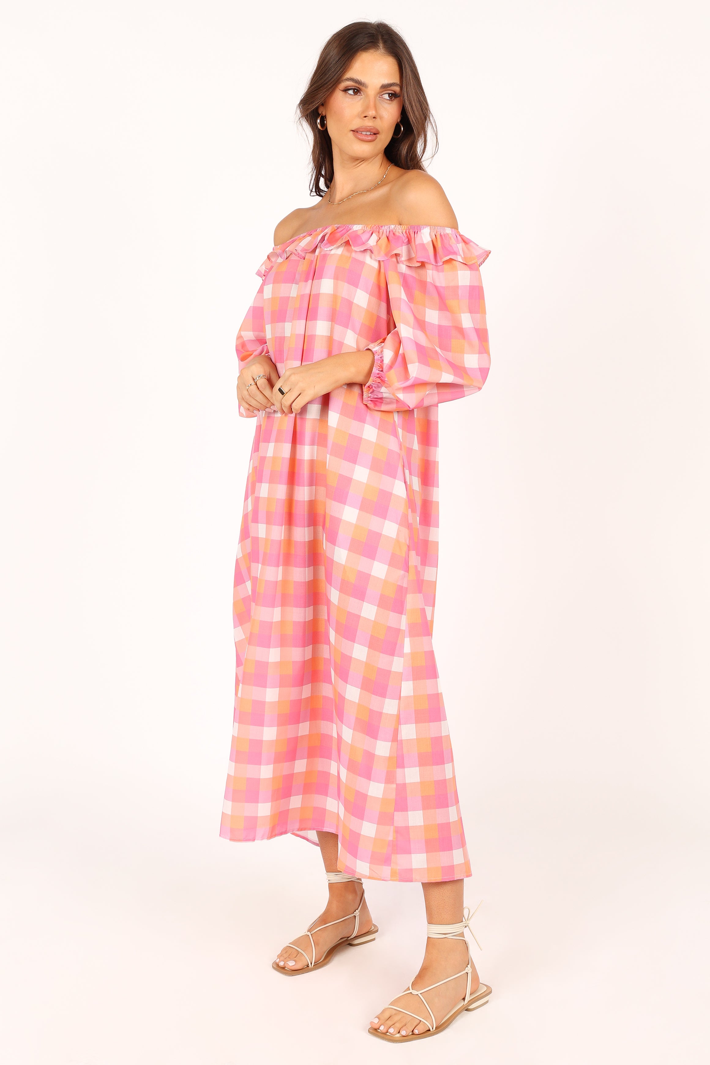 DRESSES @Georgia Off Shoulder Midi Dress - Pink Gingham
