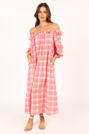 DRESSES @Georgia Off Shoulder Midi Dress - Pink Gingham