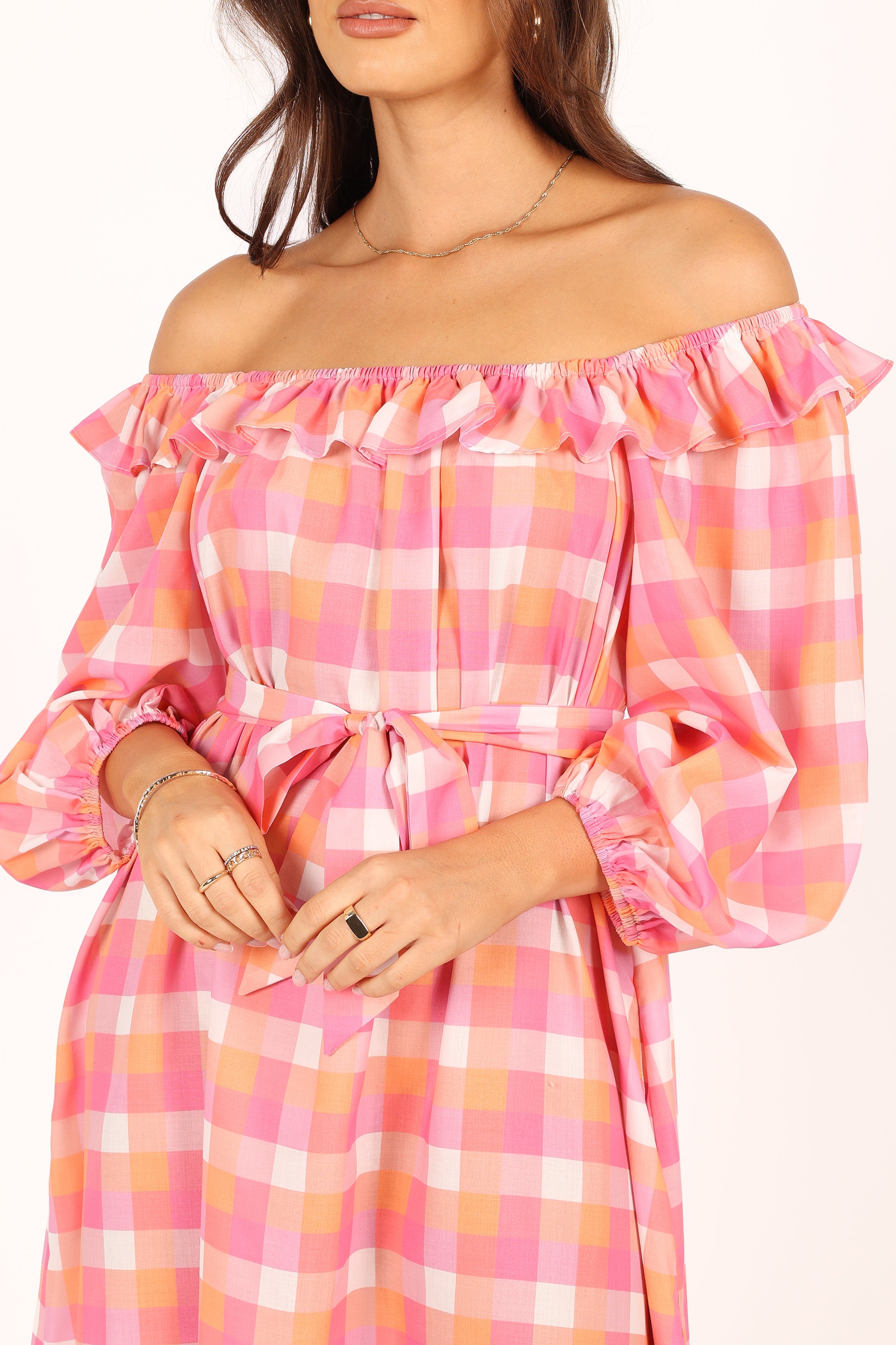 DRESSES @Georgia Off Shoulder Midi Dress - Pink Gingham