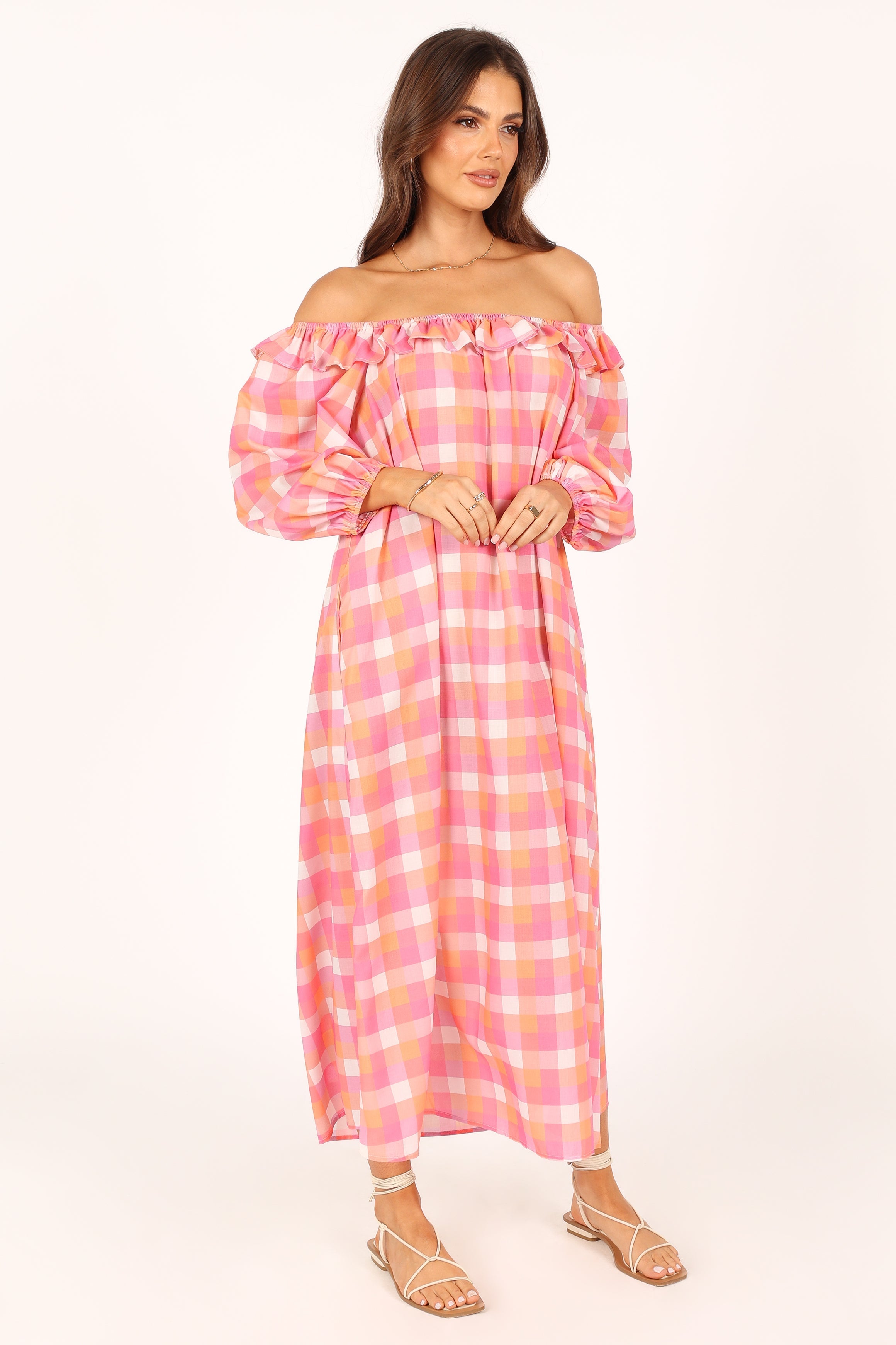DRESSES @Georgia Off Shoulder Midi Dress - Pink Gingham