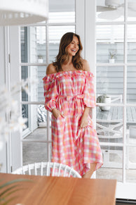 DRESSES Georgia Off Shoulder Midi Dress - Pink Gingham