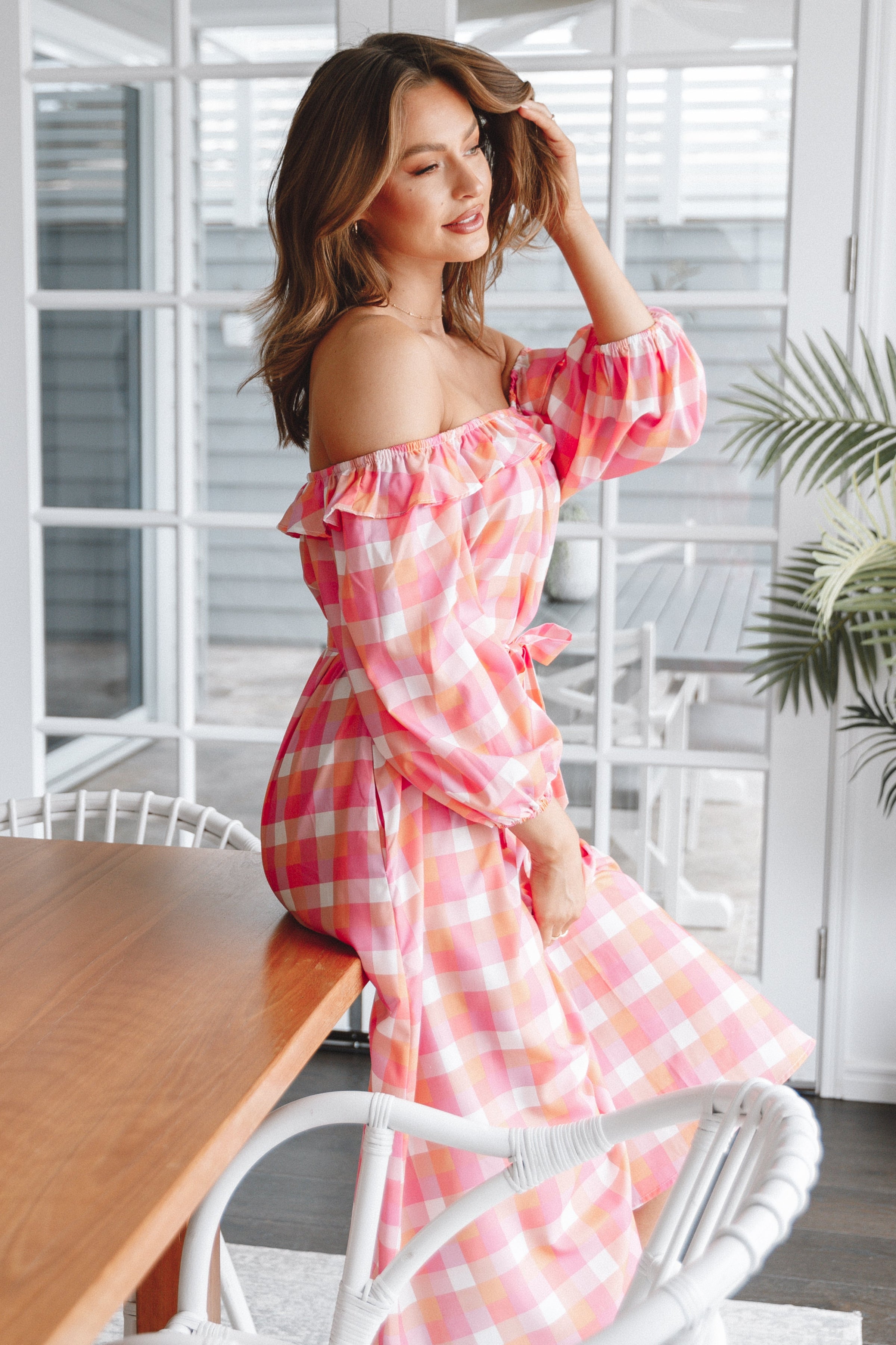 DRESSES Georgia Off Shoulder Midi Dress - Pink Gingham