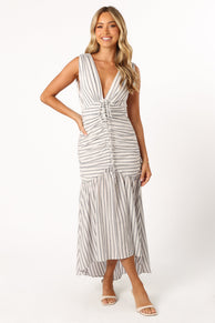 DRESSES @Georgia Ruched Midi Dress - Navy Stripe