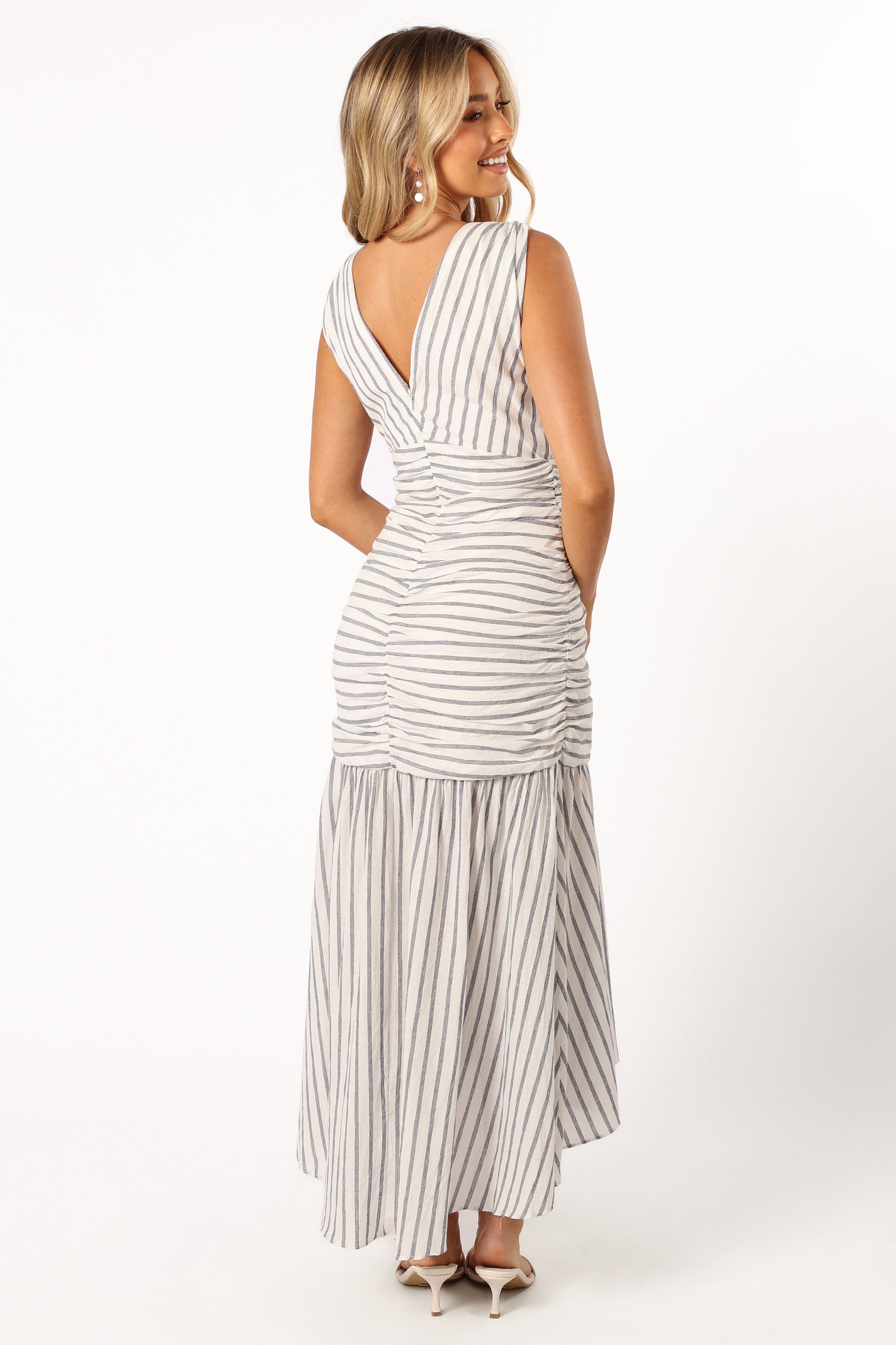 DRESSES @Georgia Ruched Midi Dress - Navy Stripe