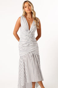 DRESSES @Georgia Ruched Midi Dress - Navy Stripe
