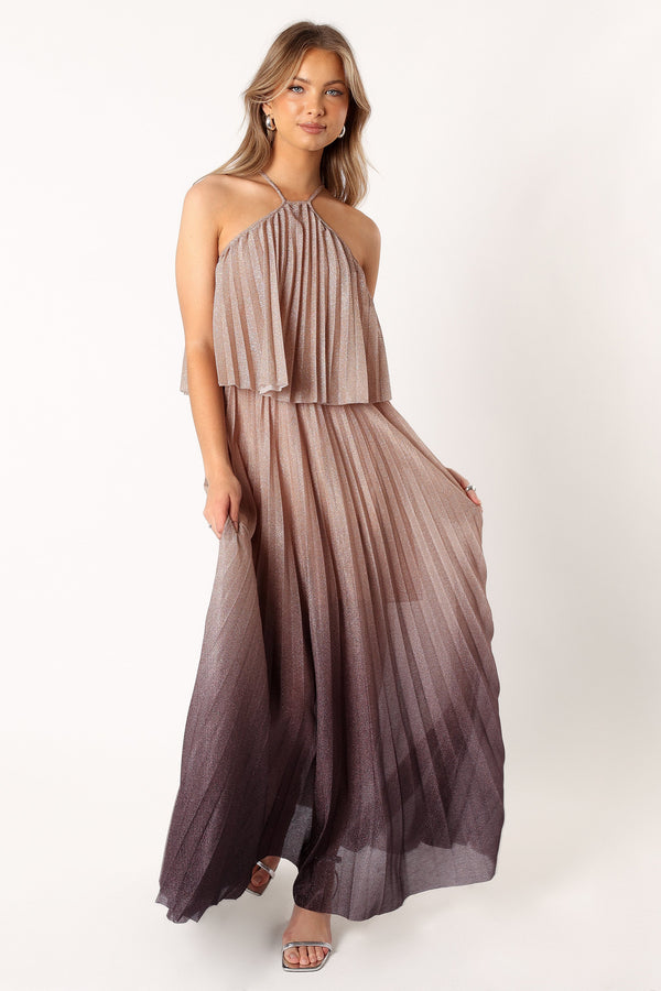 DRESSES @Gia Pleated Halterneck Maxi Dress - Gold Purple