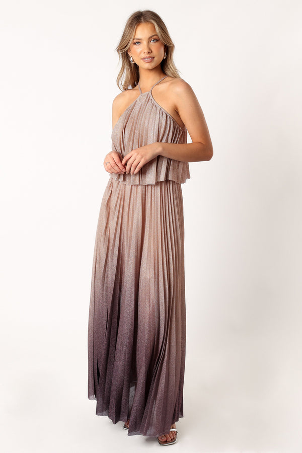 DRESSES @Gia Pleated Halterneck Maxi Dress - Gold Purple