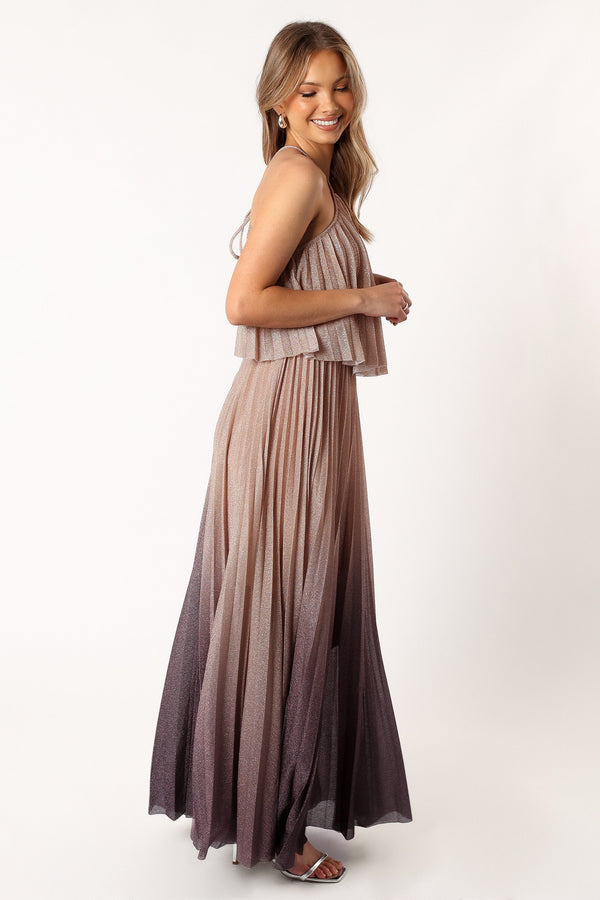 DRESSES @Gia Pleated Halterneck Maxi Dress - Gold Purple