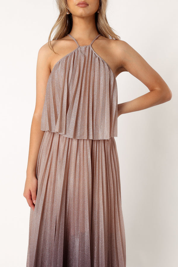 DRESSES @Gia Pleated Halterneck Maxi Dress - Gold Purple