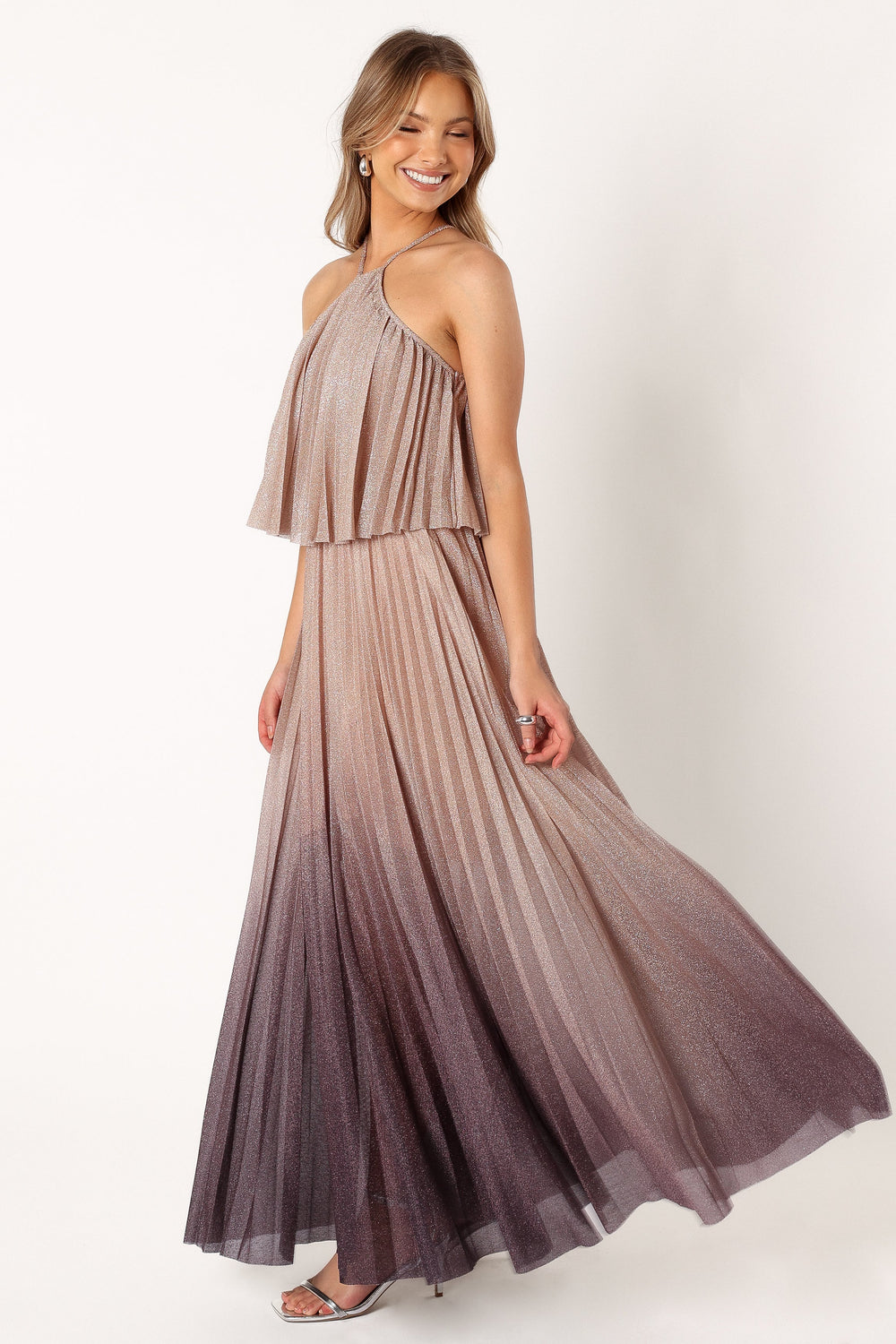 DRESSES @Gia Pleated Halterneck Maxi Dress - Gold Purple