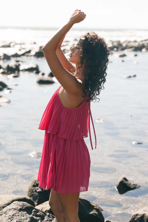 DRESSES Gia Pleated Halterneck Mini Dress - Hot Pink