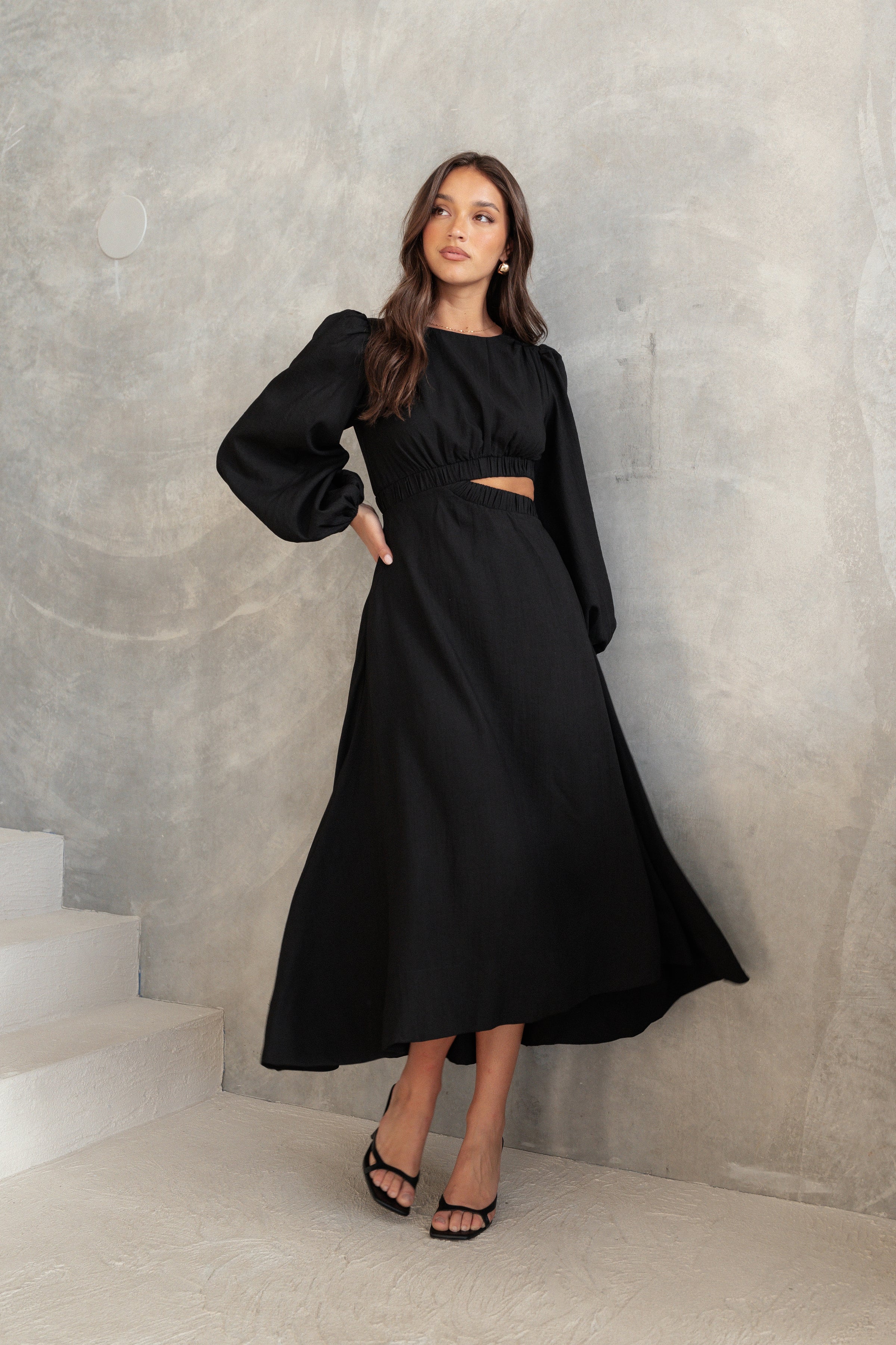 DRESSES Ginnee Puff Sleeve Cutout Midi Dress - Black
