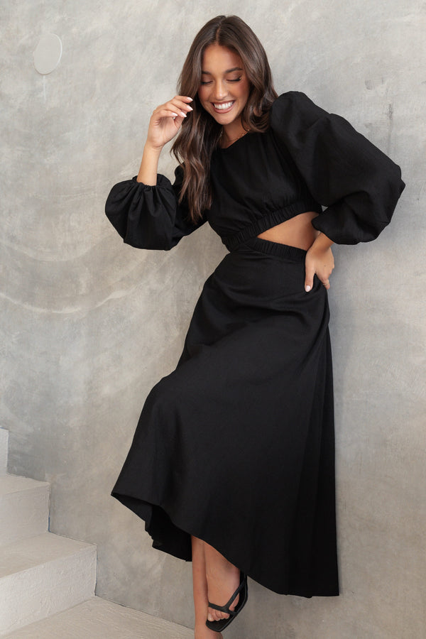 Clo Puff Sleeve Midi Dress - Black | Petal & Pup Clo Puff Sleeve Midi Dress - Black | Petal & Pup