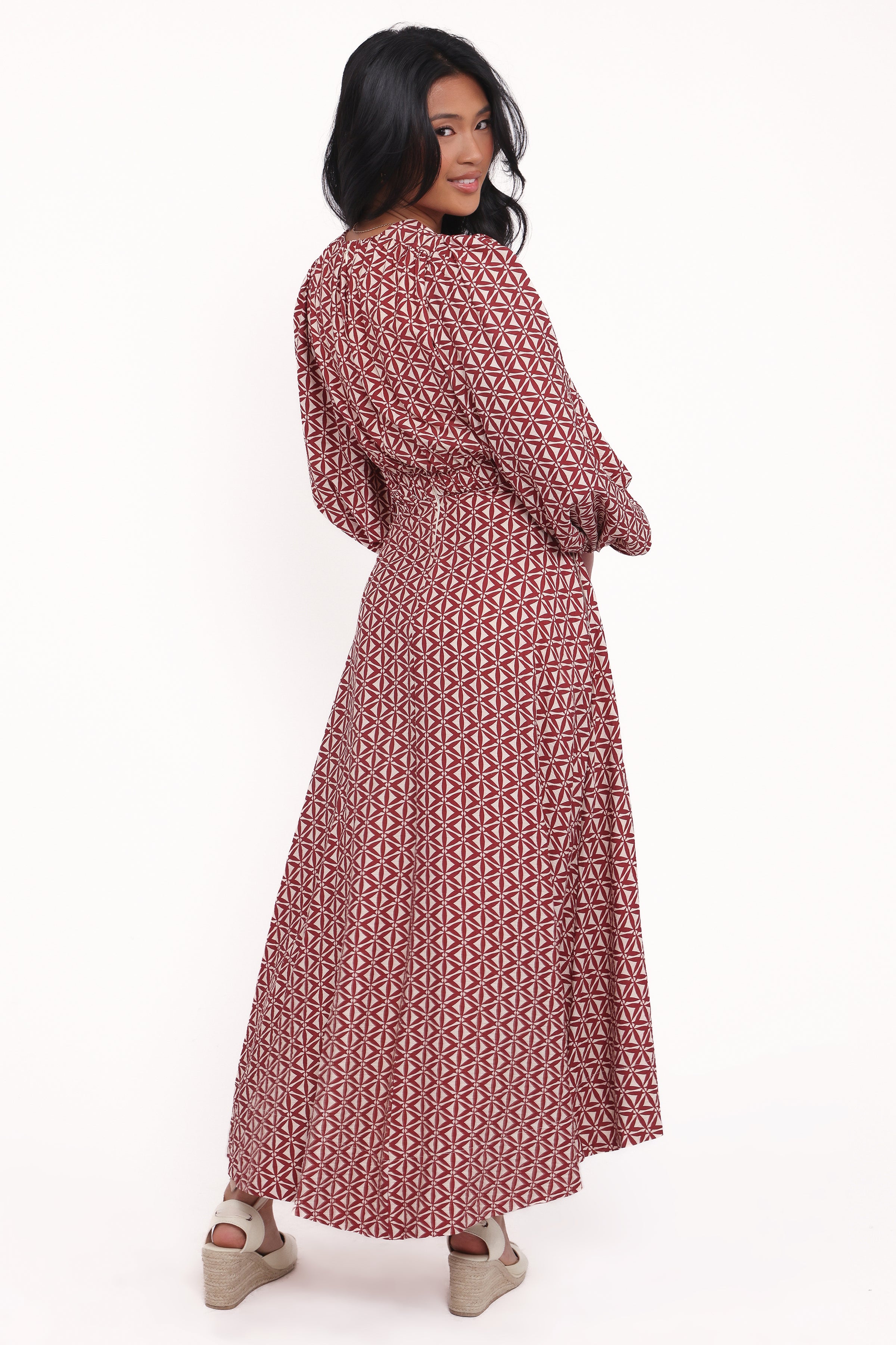 DRESSES Ginnee Puff Sleeve Cutout Midi Dress - Brown Geo