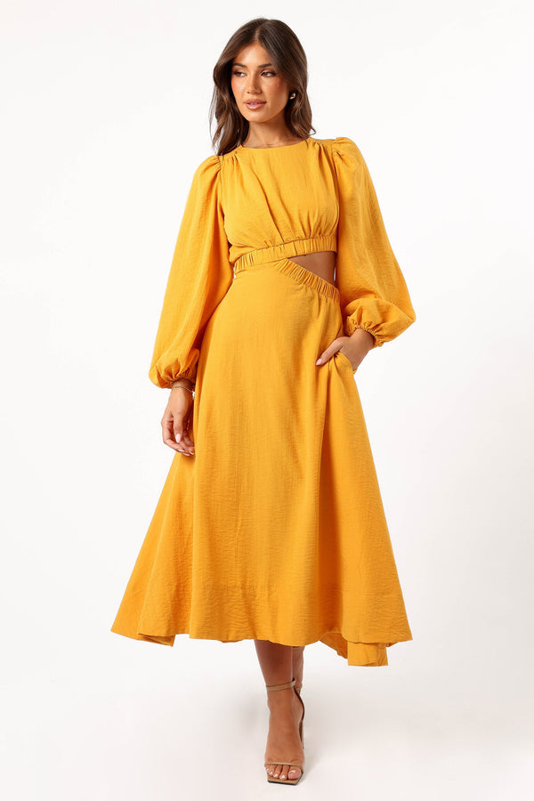 DRESSES Ginnee Puff Sleeve Cutout Midi Dress - Mustard