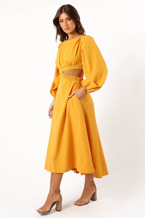 DRESSES Ginnee Puff Sleeve Cutout Midi Dress - Mustard