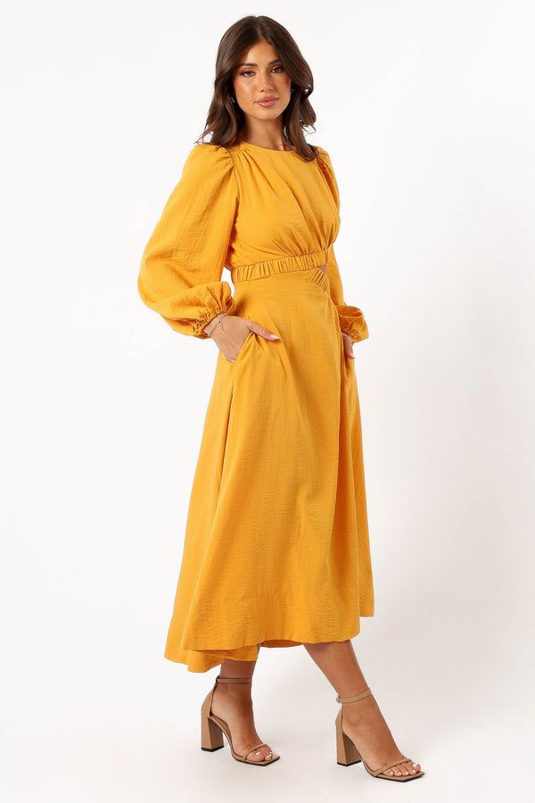 DRESSES Ginnee Puff Sleeve Cutout Midi Dress - Mustard