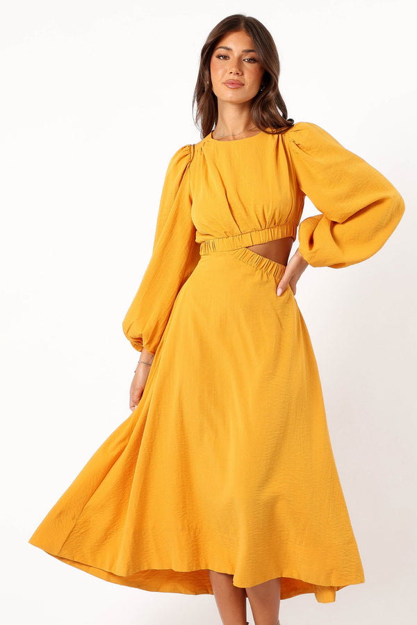 DRESSES Ginnee Puff Sleeve Cutout Midi Dress - Mustard