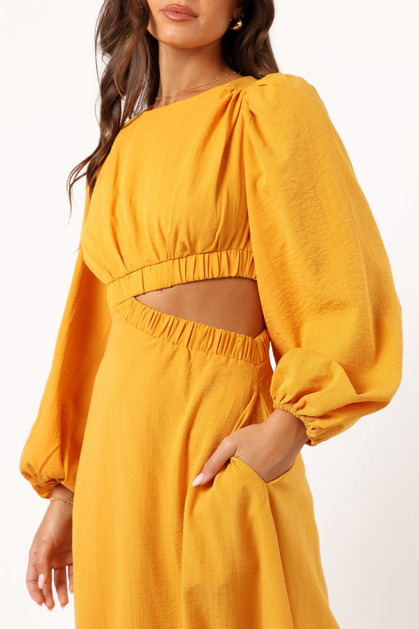 DRESSES Ginnee Puff Sleeve Cutout Midi Dress - Mustard