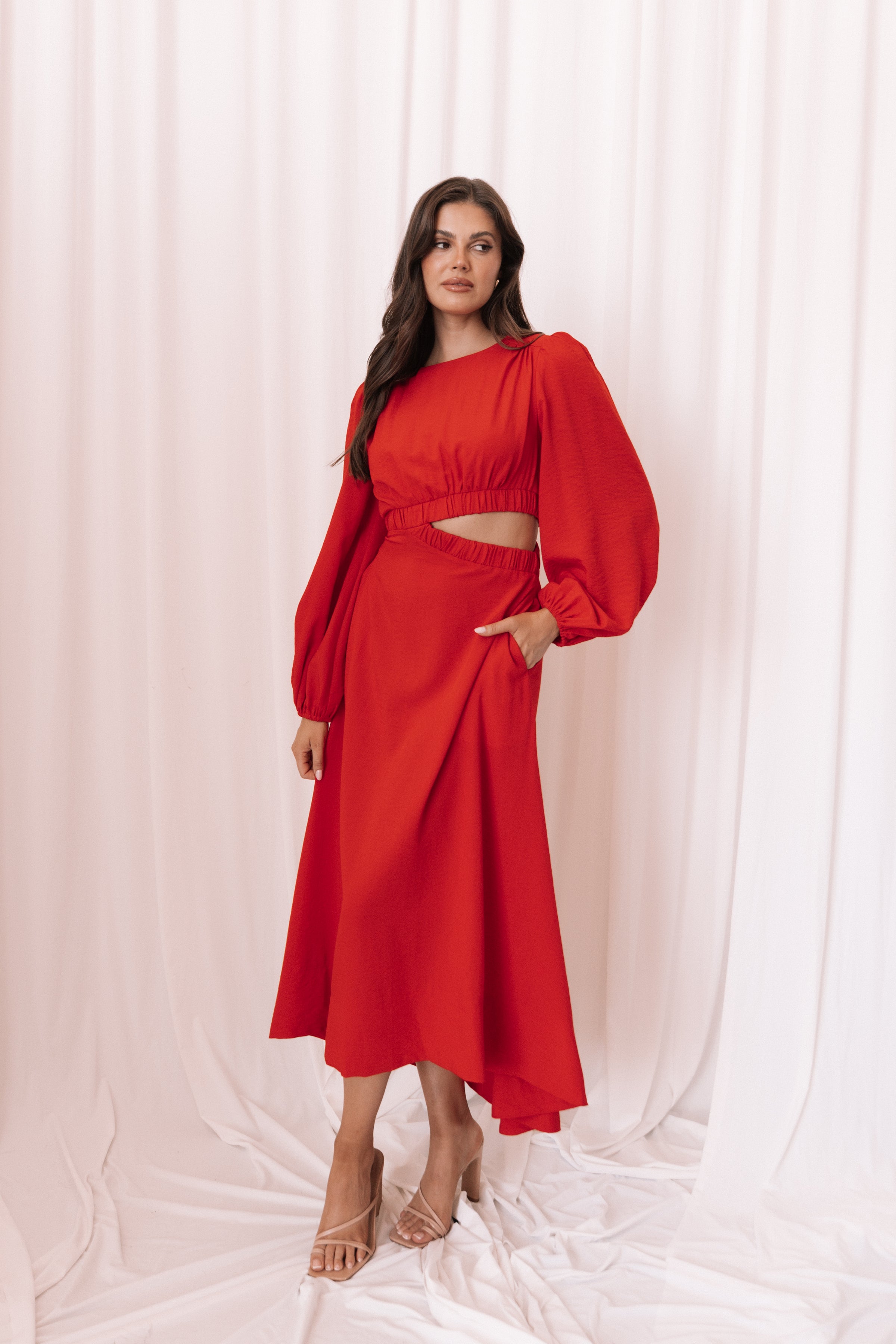 DRESSES Ginnee Puff Sleeve Cutout Midi Dress - Red
