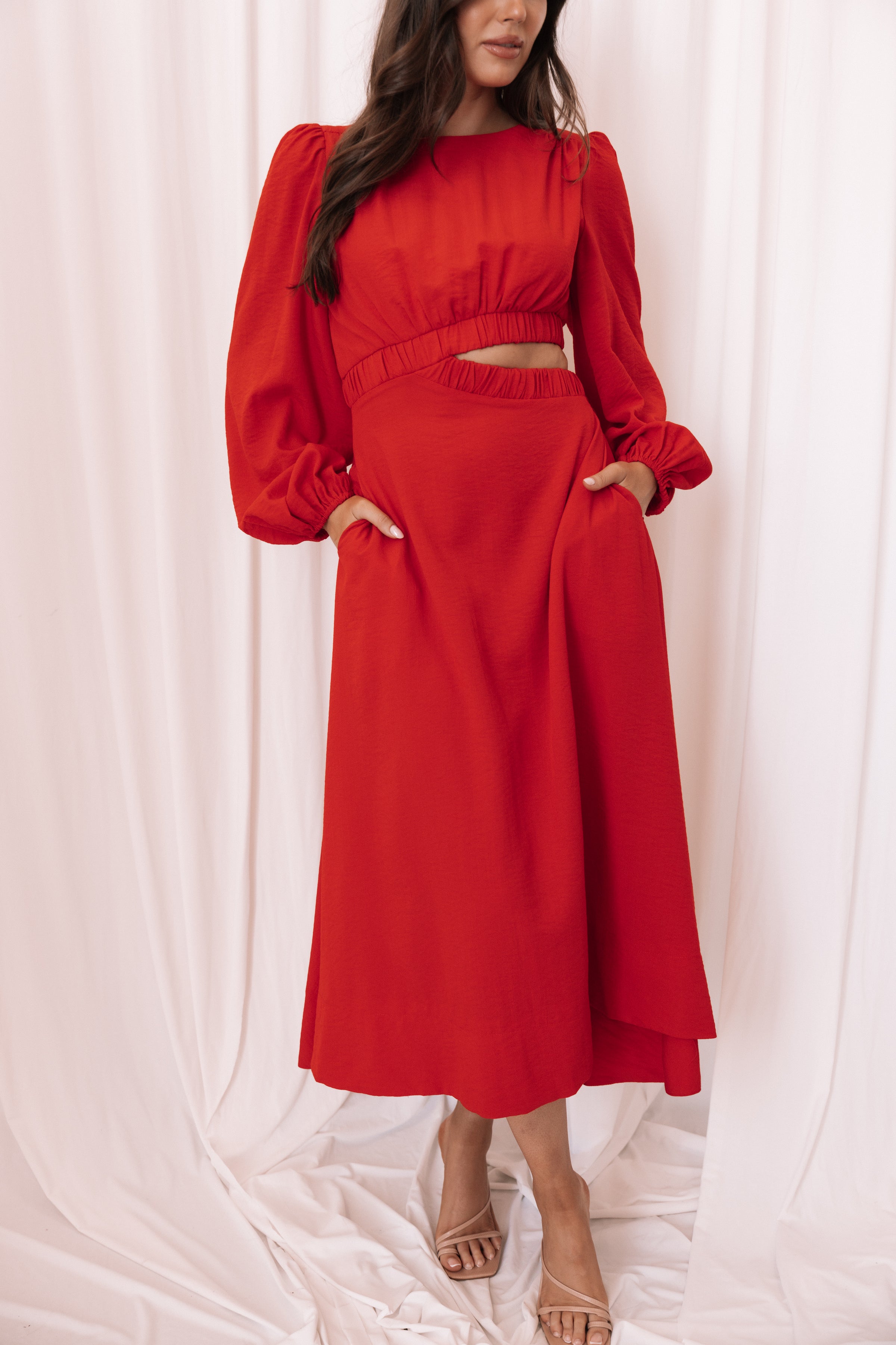 DRESSES Ginnee Puff Sleeve Cutout Midi Dress - Red