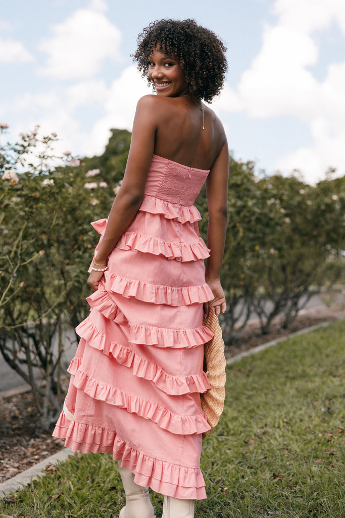 Gloria Strapless Maxi Dress Coral Pink Petal Pup