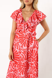 DRESSES @Harris Frill Sleeve Midi Dress - Red Pink