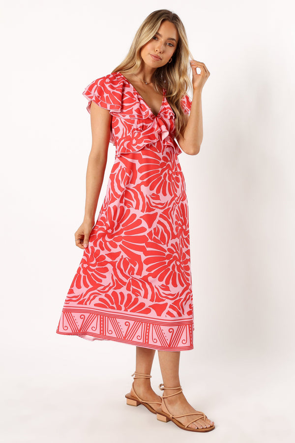 DRESSES @Harris Frill Sleeve Midi Dress - Red Pink