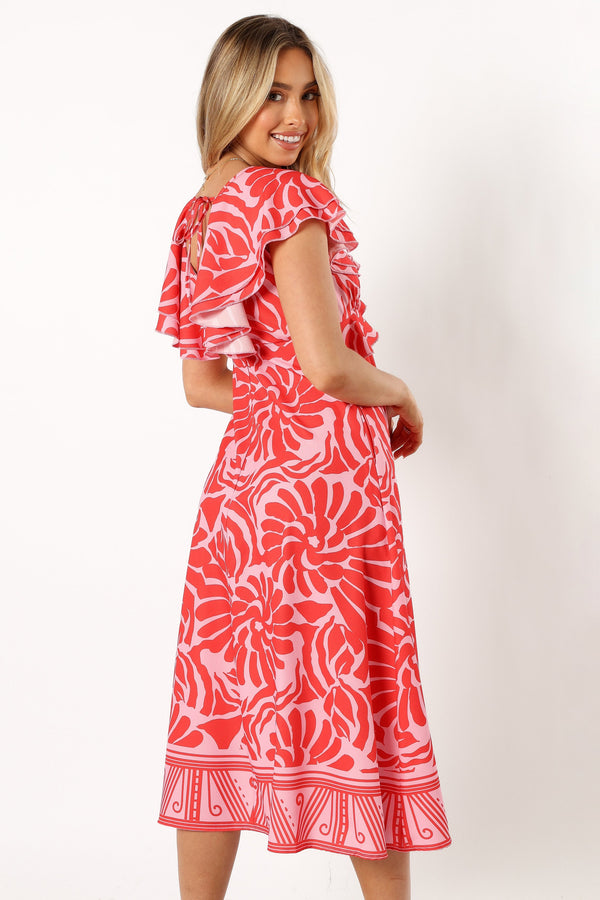 DRESSES @Harris Frill Sleeve Midi Dress - Red Pink