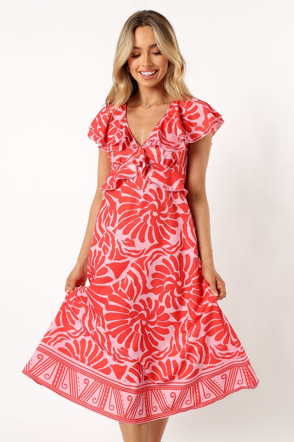 DRESSES @Harris Frill Sleeve Midi Dress - Red Pink