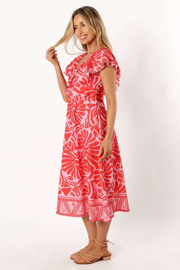 DRESSES @Harris Frill Sleeve Midi Dress - Red Pink