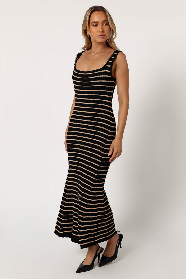 DRESSES @Henry Striped Midi Dress - Black Beige