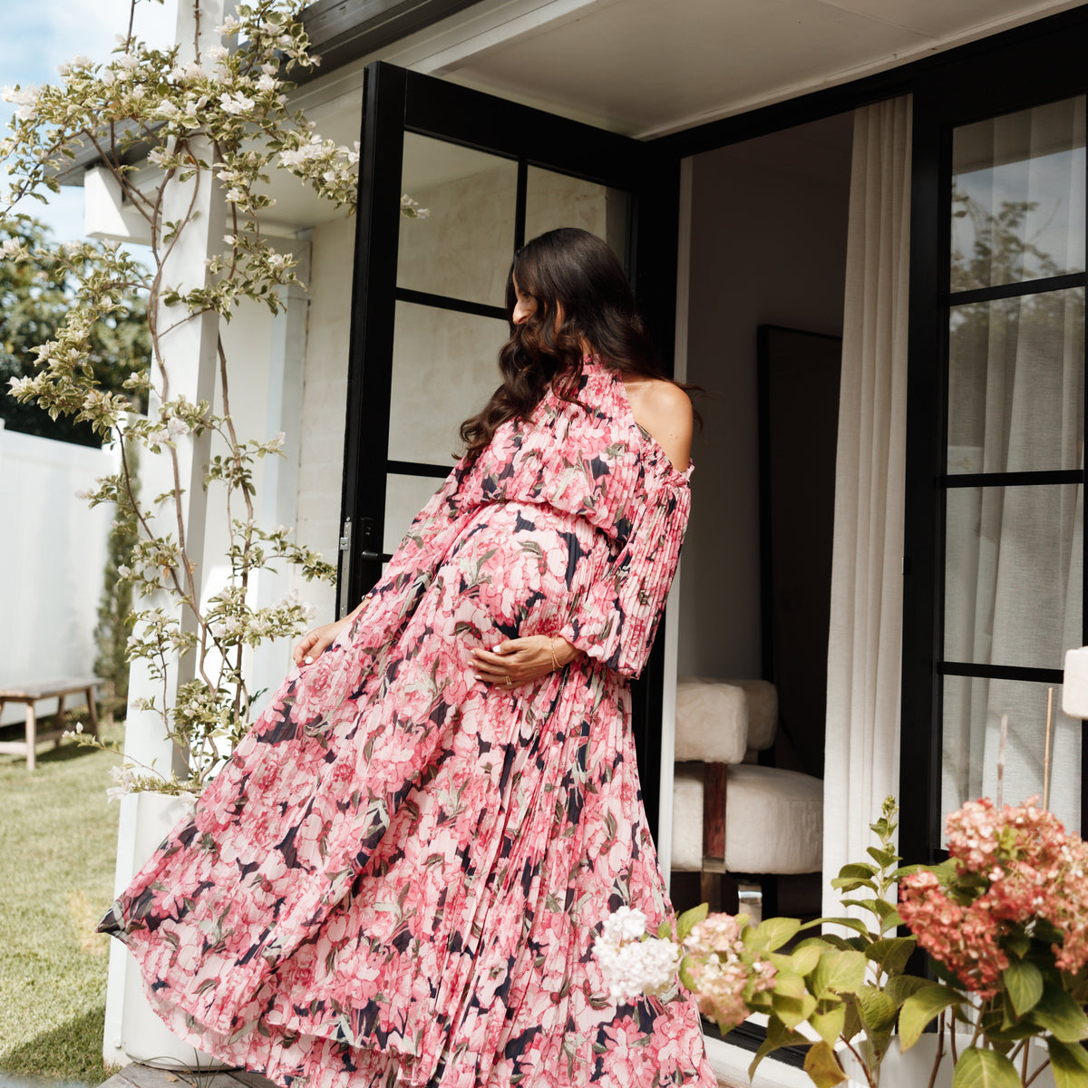 strapless open back dress Multicolor Floral Satin Pleated One Shoulder Maxi Dress – PinkBlush