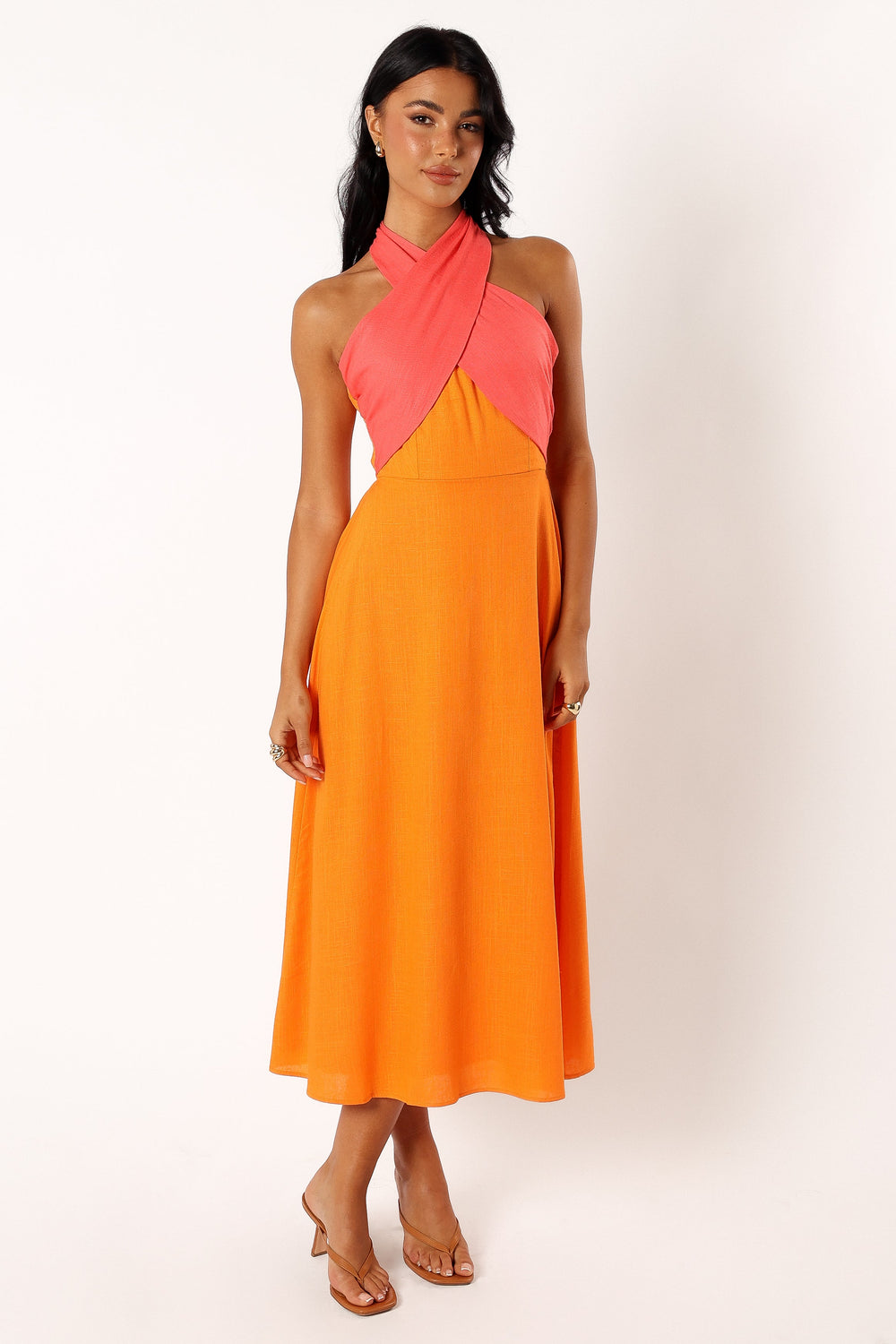 DRESSES @Jaded Halter Neck Midi Dress - Pink Orange